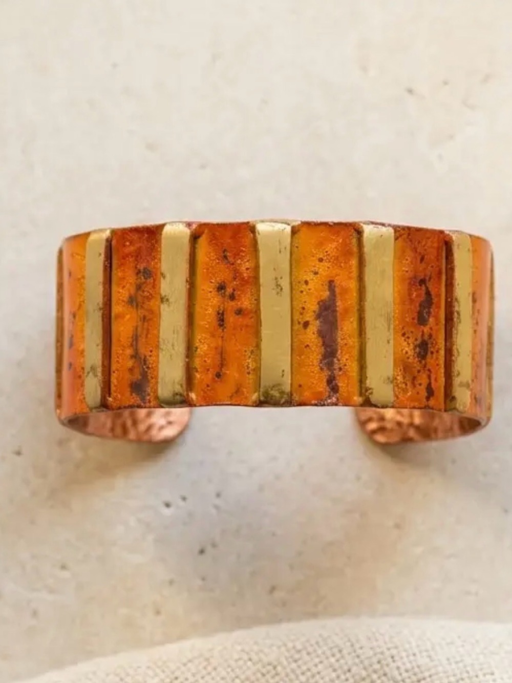 Artisan Copper Patina Cuff Bracelet – Orange Stripe